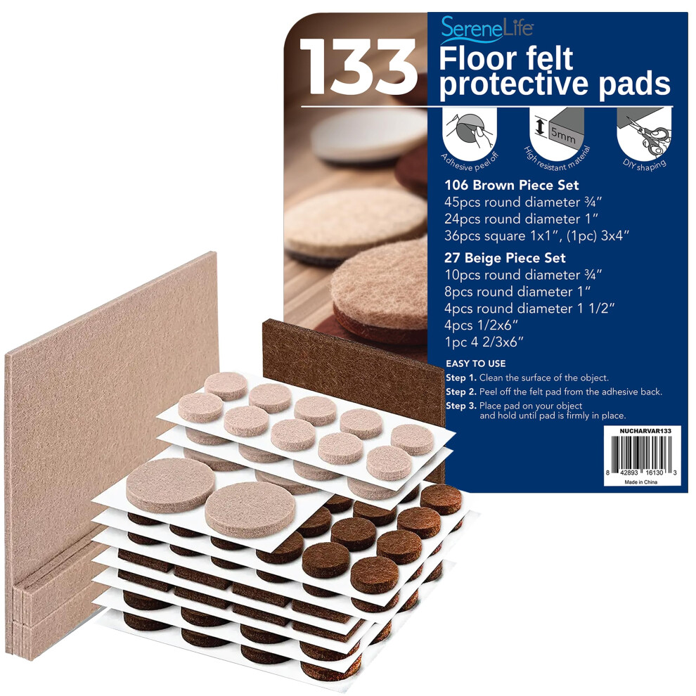 Serenelife Felt Furniture Pads - 133 Piece Set For Wood Floor Protection | Protect Hardwood Laminate & Tile Flooring | Furniture Sliders | Vario 842893161303