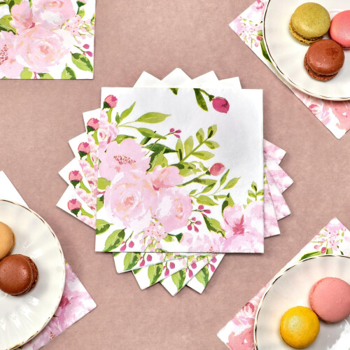 Guardanapos de jantar de papel floral BLUE PANDA - 6,5 x 6,5 polegadas dobrados e 13 x 13 polegadas desdobrados - pacote de 150 rosa com 2 camada 1