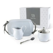 Vagabond House Stonware Creamer Juego con asas de asta de peltre bandeja 5 piezas Camina de crema Tapa Tapa de azcar mango decorativo Cuchara de