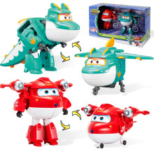 Super Wings Transformeerbare Speelgoed, 5 in Jett en Tino Dinosaurus Vliegtuig Figuren Set, 2 in 1 Modus