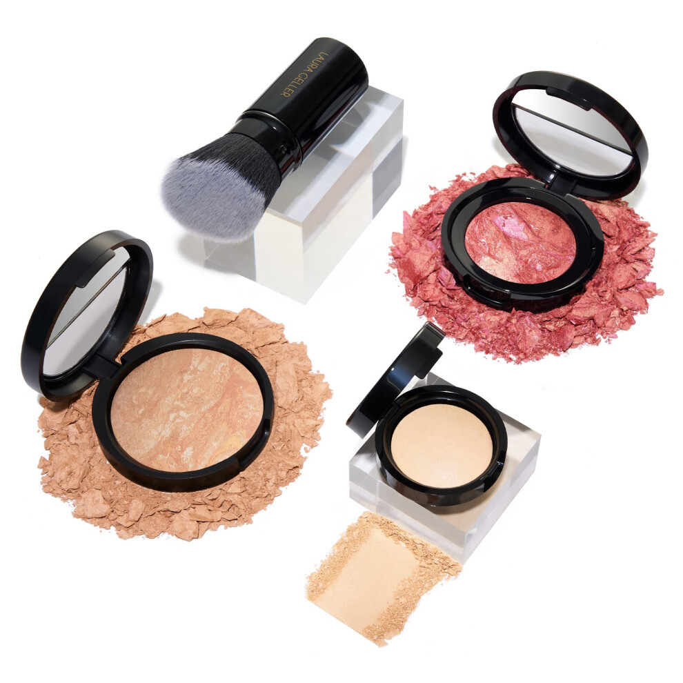 LAURA GELLER NEW YORK Daily Routine Kit (4 PC): Balance-N-Brighten Foundation  Porcelain  Retractable Kabuki Brush  Blush-N-Brighten  Tropic Hues