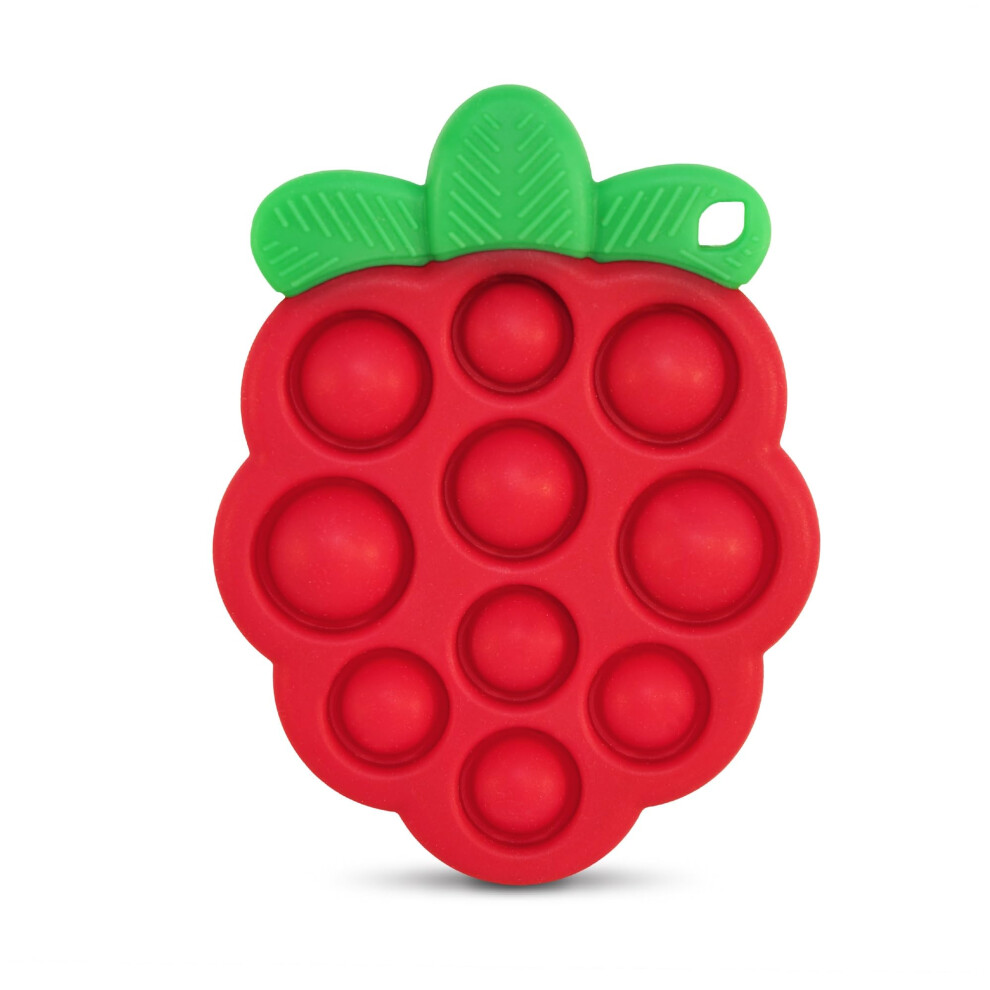 Razberry Pop Strawberry Teether - Multi-Textured Silicone For Sensory Development & Teething Relief - Easy To Hold For Small Hands - Soft Razbaby