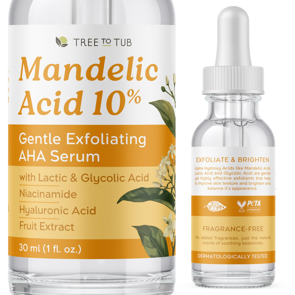 Tree To Tub Mandelic Acid Serum - 10% Gentle Exfoliating Aha Serum - Mandelic Serum W/Lactic & Glycolic Acid For Smoother Skin - Hyaluronic Acid