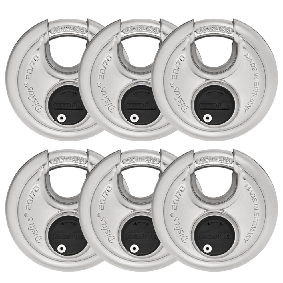 6 Pack ABUS Diskus 20/70 Heavy Duty Stainless Steel Disk Padlock - Rustproof Storage Lock with 3/8"""" Shackle - Made in Germany - Keyed Alike Code