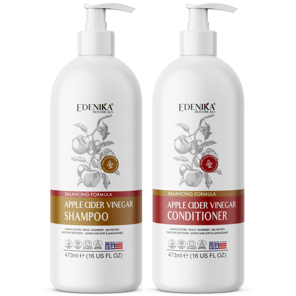 Edenika Botanicals Apple Cider Vinegar Shampoo & Conditioner Daily Clarifying Scalp Itch Relief Revitalizing Ph Balance Dandruff & Buildup R