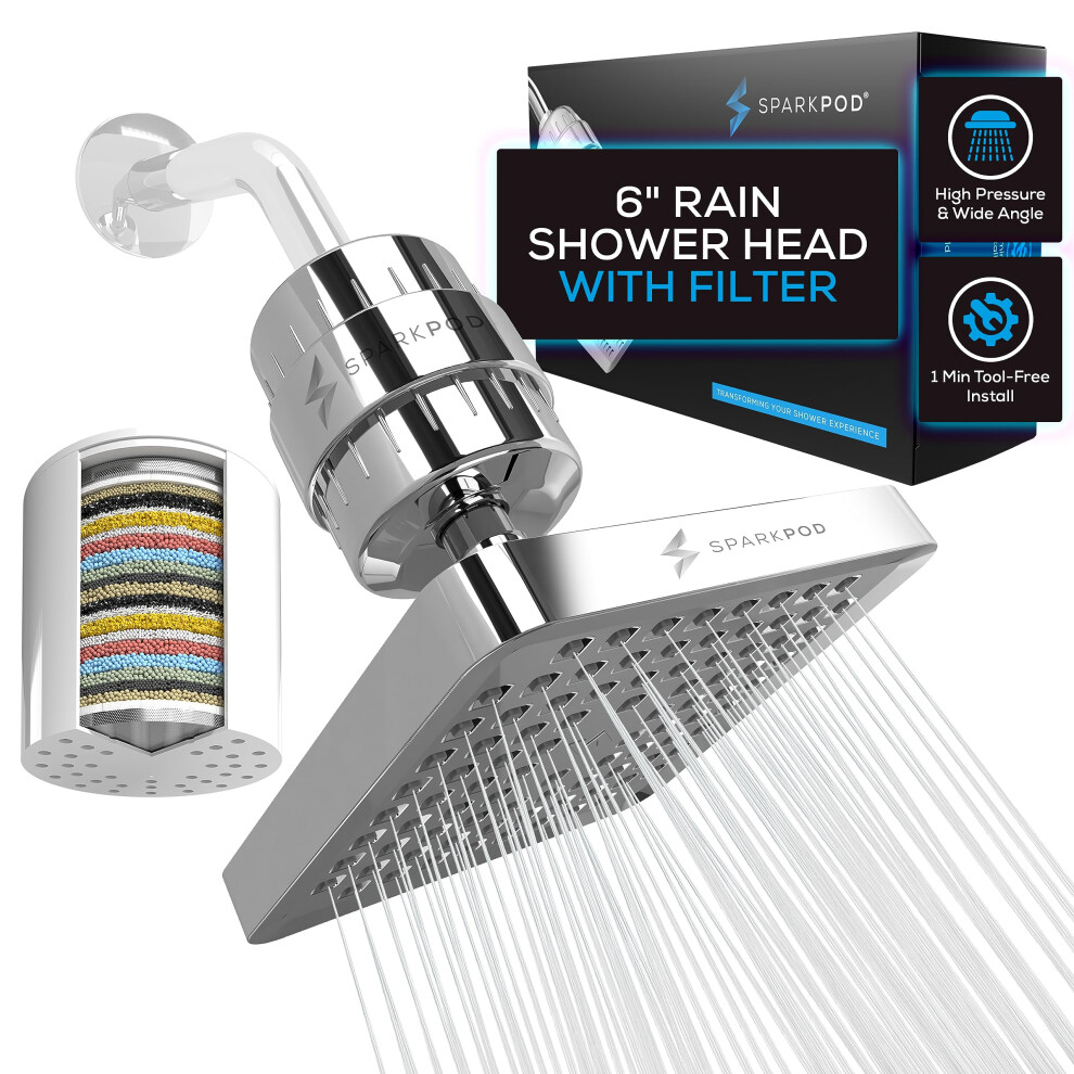 Sparkpod Luxury Filtered Shower Head Set 23 Stage Shower Filter - Reduces Chlorine And Heavy Metals - High Pressure Showerhead Filter (6"""" Square