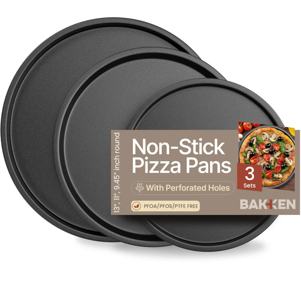 BAKKENMASTER Bakken Swiss Pizza Tray Set 3-Piece - Gray Coating Non-Stick Round Steel Pizza Pans - Dishwasher Safe Premium Bakeware for Home C