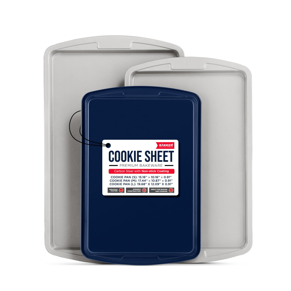 Bakken Swiss Cookie Sheet 3 Piece Set - Non-Stick Stackable Baking Pans Deluxe Ceramic Coating - Dishwasher Safe - for Home Baking