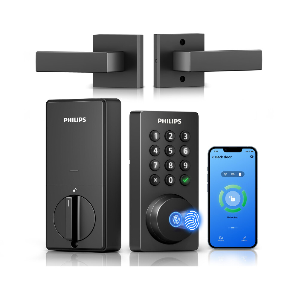 Philips WiFi Deadbolt Smart Lock with Handle  APP/Voice/Fingerprint/Passcode/Key Unlock  Smart Locks for Front Door with Handle Set  Backlit Keyp