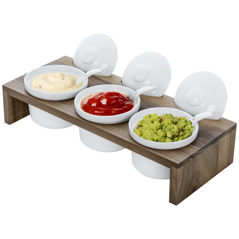 MyGift 10 Piece Condiment Pot Serving Set Includes Premium Acacia Solid Wood Raised Display Server Tray and 3 Ceramic Ramekin Dip Bowls with Lids