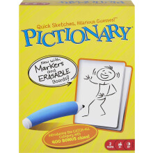 Mattel Games Pictionary Family Board Game per bambini adulti e serata di gioco per 2 squadre con segnalini cancellabili e timer di sabbia