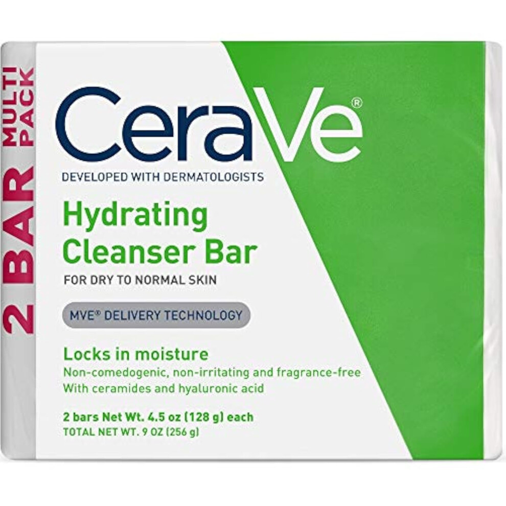 CeraVe Hydrating Cleanser Bar | Soap-Free Body and Facial Cleanser with 5% Cerave Moisturizing Cream | Fragrance-Free |2-Pack  4.5 Ounce Each