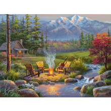 Ravensburger - Wohnzimmer am Fluss - 750 Teile Puzzle - Ruhige Aussicht auf eine Berghütte, Berge & Bach - Premium