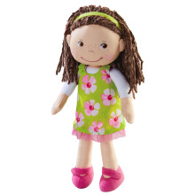 HABA Coco 30 cm zachte babypop met bruin haar geborduurd gezicht afneembare groene jurk bijpassende hoofdband - machinewasbare peuterpop - 18 maanden