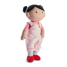 HABA Snug Up Doll Rumbi 10 Zoll groe weiche Puppe mit schwarzen Haaren und rosa Overalls maschinenwaschbar fr 18 Monate und lter