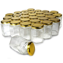 Borcan de sticla Hexagon Cloudsell cu capac de metal din aur strns 200 ml set de 12 transparent
