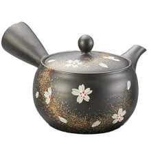Yamakiikai Black Color Japanese Ceramic Teapot with White Sakura and Gold lines Pattern 280cc Made in Japan