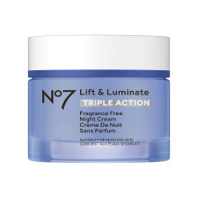 No7 Lift & Luminate Triple Action Nocn krm bez parfemace - Rozjasnujc krm proti vrskm s kolagenovm peptidem - Zpevnujc pletov krm s kysel