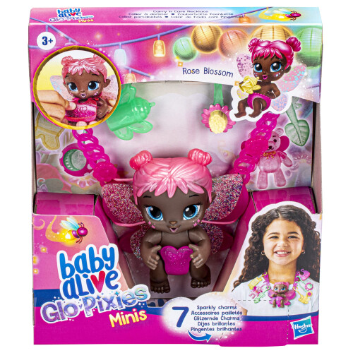 Baby Alive Glo Pixies Minis Carry n Care Colar Flor de Rosa 3,75 Polegadas Boneca Pixie Brinquedo com Porta Bonecas e Colar de Charme Nutritivo 1