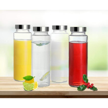 Sticla de apa din sticla de 500 ml cu capac de o?el inoxidabil, rezistent la scurgeri, pentru sucuri de smoothie (set de 4)