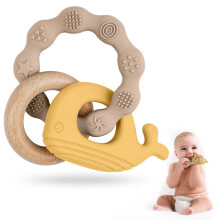 Vicloon Baby Bijtring Speelgoed Siliconen & Natuurlijk Hout Bijtring Baby Bijtring Speelgoed voor baby's 0 maanden + Siliconen kauwringen voor pa