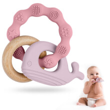Vicloon Baby Bijtring Speelgoed Siliconen & Natuurlijk Hout Bijtring Ring Baby Tandjesspeelgoed voor baby's 0 maanden Siliconen kauwringen voor p