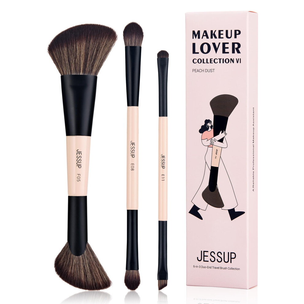 Jessup Travel Makeup Brushes Set 3Pcs Double Sided Contour Brush Dual Ended Eyeshadow Brush Shader Eyeliner Brush Multi-Functional Brush Set Mak