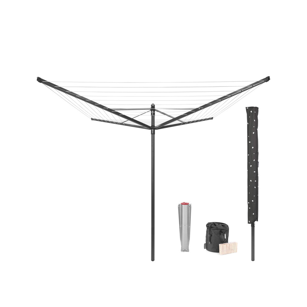 Brabantia Lift-O-Matic Outdoor 4 Arm Clothesline (164 Ft/ 1.8"""") Height Adjustable Folding Clothes Drying Rack + Ground Spike Cover + Bag Of Cl