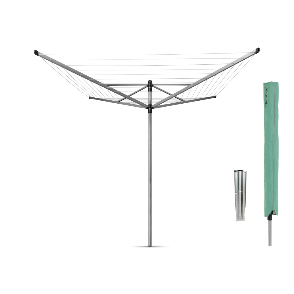 Brabantia Lift-O-Matic Outdoor 4 Arm Clothesline (164 Ft/ 1.8"""") Height Adjustable Folding Clothes Drying Rack + Ground Spike & Cover (Gray)