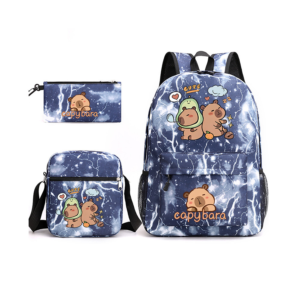 (Lightning Blue) Animal Print Capybara Backpack Lunch Bag Pen Case Set Cartoon Gift Schoolbag