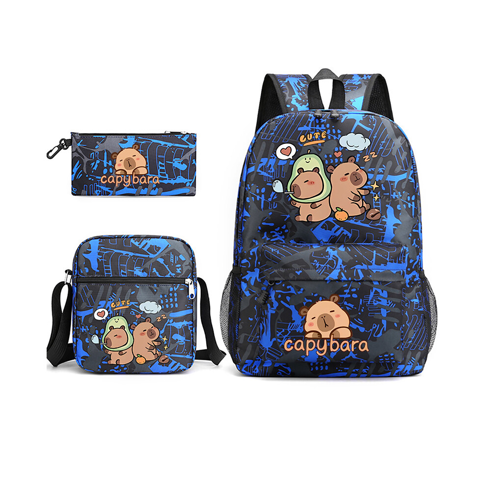 (Pattern Blue) Animal Print Capybara Backpack Lunch Bag Pen Case Set Cartoon Gift Schoolbag