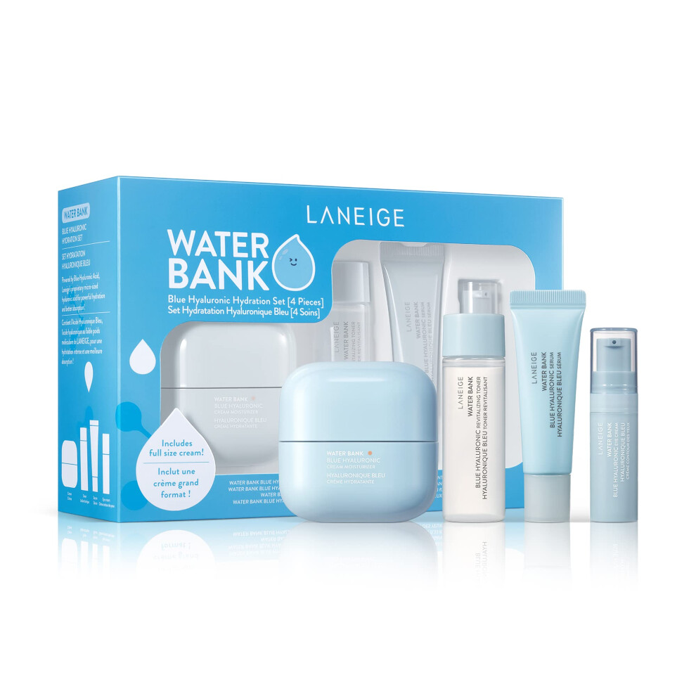 Laneige Water Bank Blue Hyaluronic Hydration Set: Hydrate  Nourish  Full Sized Cream Moisturizer  Travel Sized Eye Cream  Toner  Cleanser