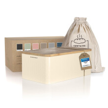 LARS NYSM BREAD BOX I Metalboks med linnedpose til langvarig friskhed I Bread Bin With Bambus Lid Brugbart som skærebræt I 13.4x7.3x5.3in (murste