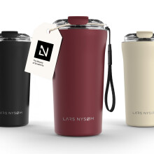 LARS NYSM Thermo Coffee Mug to go with Strap 17 oz | Travel Mug 0.5 Liter with Insulation | Leak Proof Stainless Steel Thermal Tumbler for Coffee