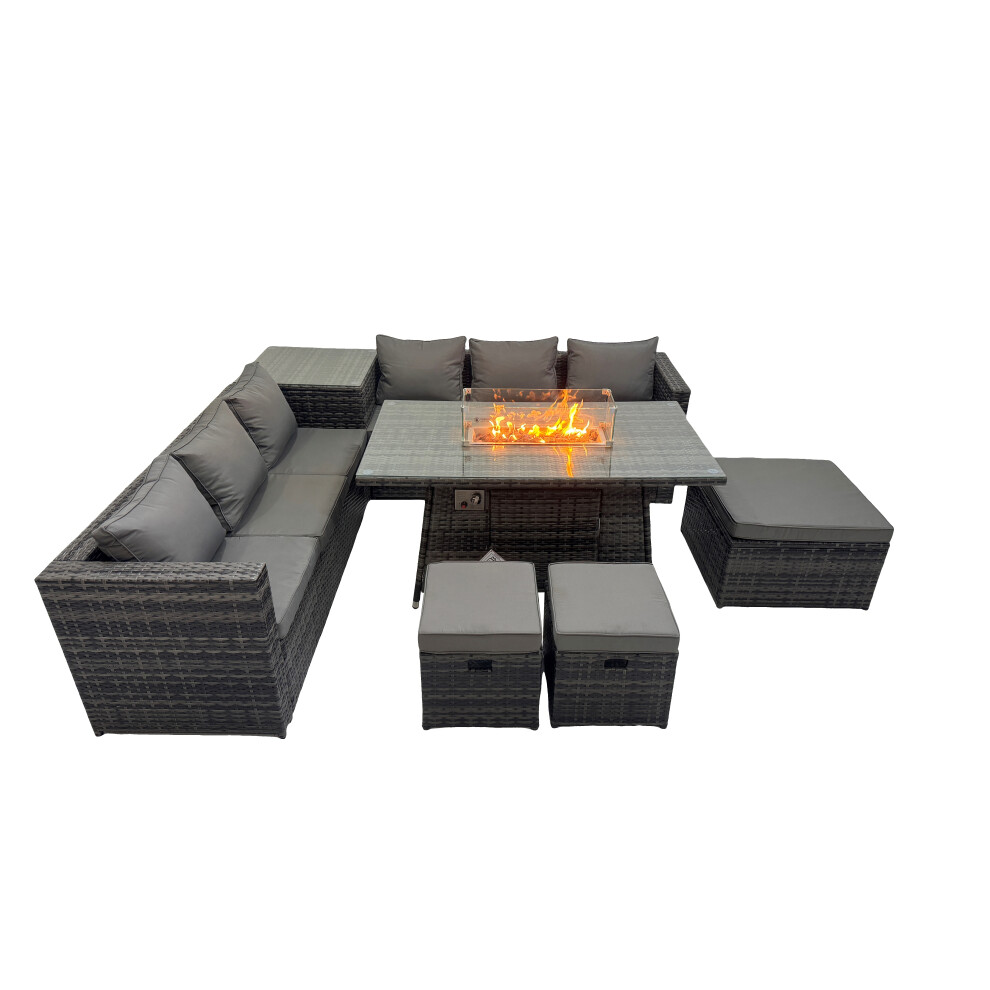 Fimous Dark/Grey 9 Seater Garden Outdoor Rattan Furniture Set Patio Corner Sofa Gas Fire Pit Dining Table With Side Table 3 Stools - Image 2