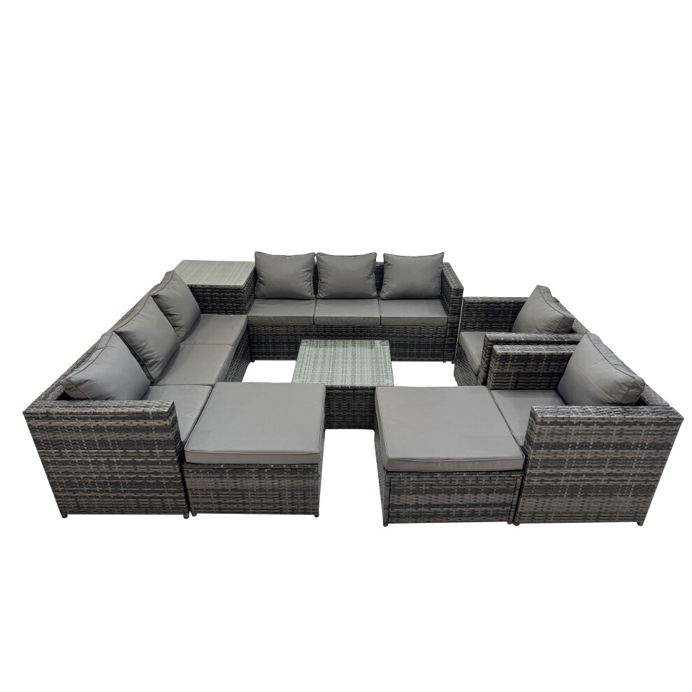 Fimous 10 Seater Patio Corner Sofa Coffee Table With Side Table 2 Big Stool Brown