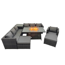 Fimous 9 Seater Garden Outdoor Rattan Furniture Set with 2 Big Stools