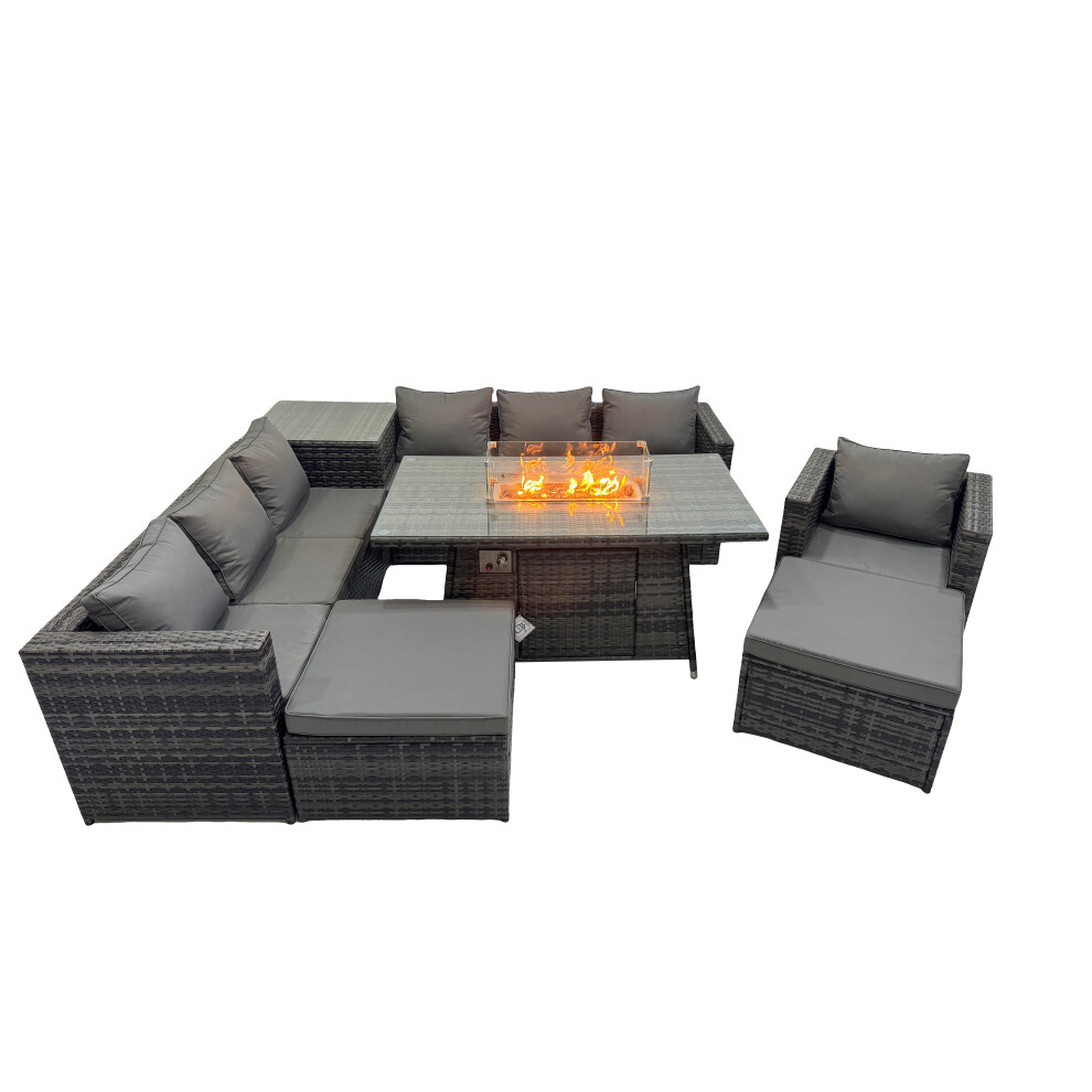 Rackhams Dark/Grey 9 Seater Garden Outdoor Rattan Furniture Set Patio Corner Sofa Gas Fire Pit Dining Table With Side Table 2 Big Stools - Image 2