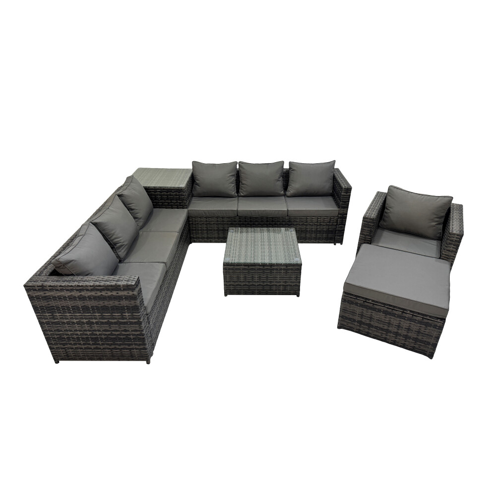 B&Q - 8 Seater Garden Outdoor Rattan Furniture Set Patio Corner Sofa Coffee Table With Side Table Big Stool Dark Grey - Image 2