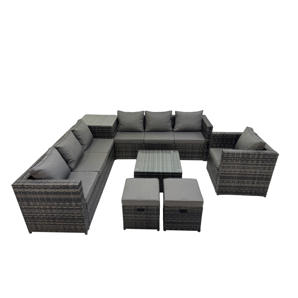Fimous Dark/Grey 9 Seater Garden Outdoor Rattan Furniture Set Patio Corner Sofa Coffee Table With Side Table 2 Small Stool - Image 2
