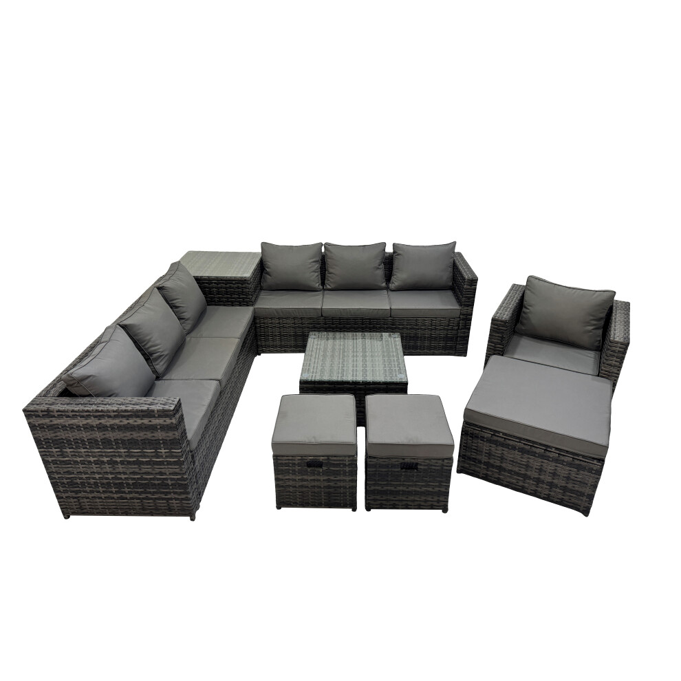 Rackhams Dark/Grey 10 Seater Garden Outdoor Rattan Furniture Set Patio Corner Sofa Coffee Table With Side Table 3 Stool - Image 2