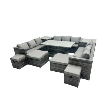 Fimous Rattan Dining Table Sofa Set with 2 Side Tables Stools Outdoor 13 Seat