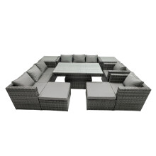 Fimous Rattan Dining Table Sofa Set with 2 Side Tables Stools Outdoor 10 Seat