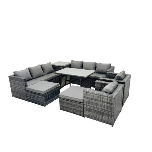 Fimous Fimous Rattan Dining Table Sofa Set with Side Table 2 Big Footstools 10 Seat 1