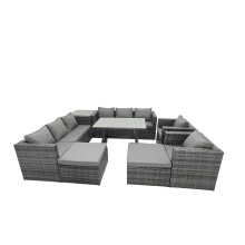 Fimous Rattan Dining Table Sofa Set with Side Table 2 Big Footstools 10 Seat