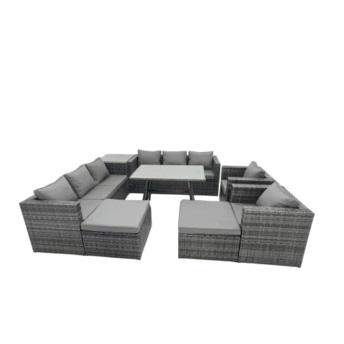 Fimous Fimous Rattan Dining Table Sofa Set with Side Table 2 Big Footstools 10 Seat