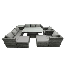 Fimous Rattan Dining Table Sofa Set with Side Table 2 Stools Outdoor 10 Seat