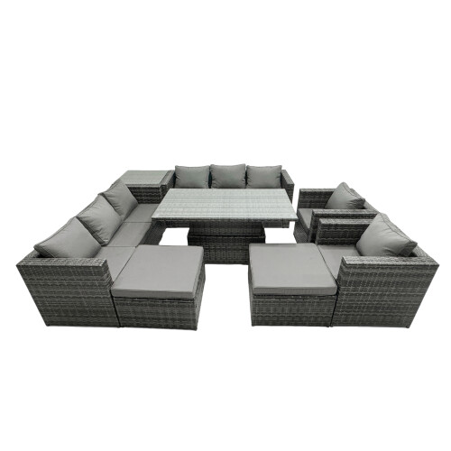 Fimous Fimous Rattan Dining Table Sofa Set with Side Table 2 Stools Outdoor 10 Seat 1