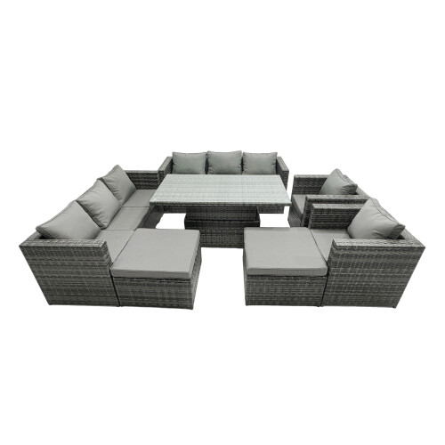 Fimous Fimous Rattan Dining Table Sofa Set with 2Stools Outdoor 10 Seat