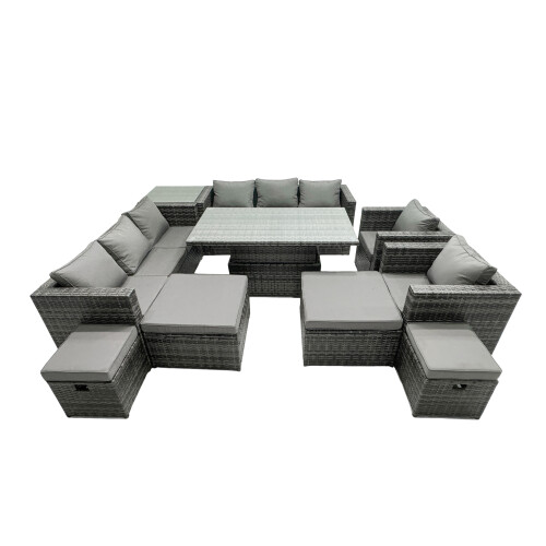 Fimous Fimous Rattan Dining Table Sofa Set with Side Table 4 Stools Outdoor 12 Seat 1